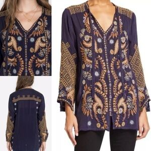 Johnny Was Blue Minerva Embroidered Silk Blouse Boho Tunic Top Large